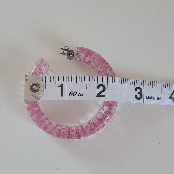 Vintage Hoop Earrings Clear Plastic Pink Polkadot 💗 - Picture 3 of 4